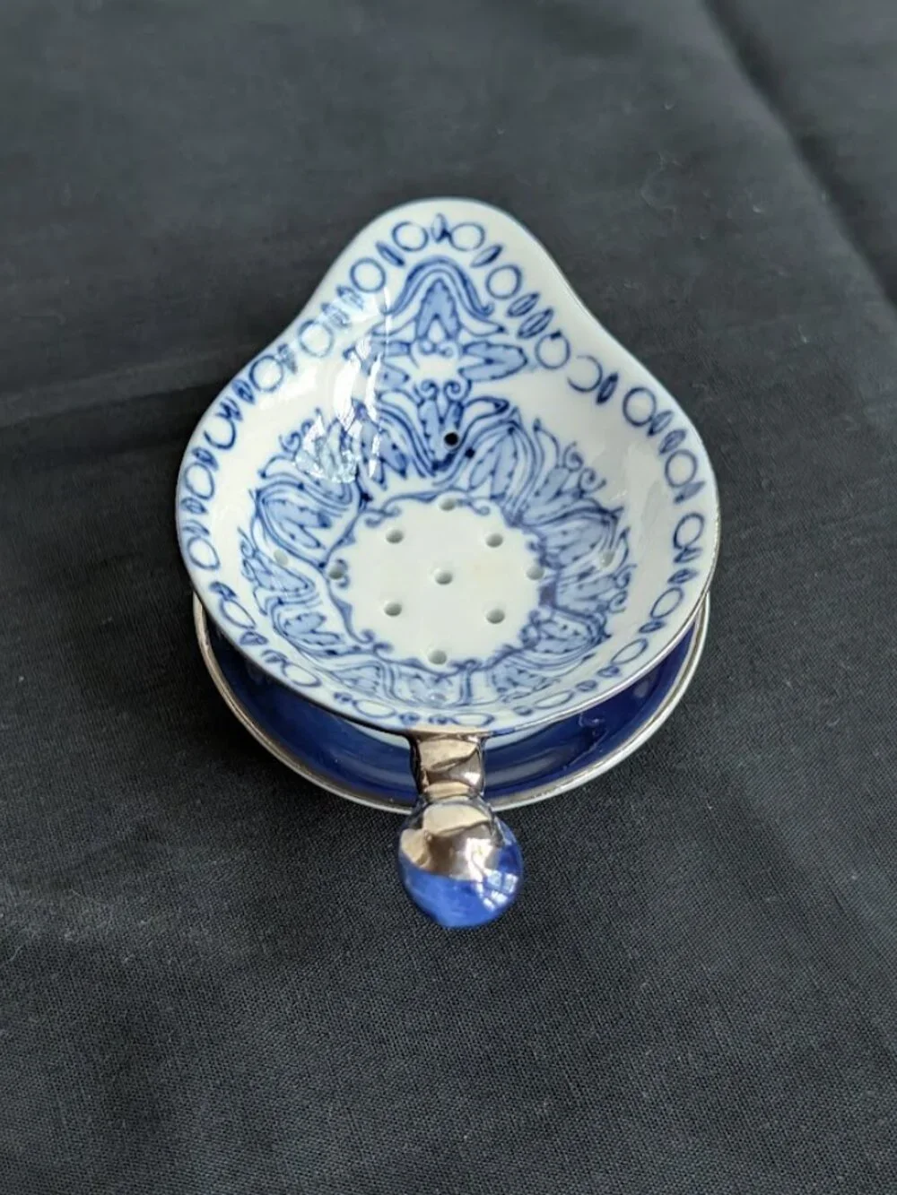 Vintage Bombay Company Blue & White Porcelain Tea Strainer with Drip Bowl
